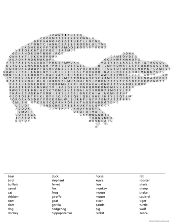 Shaped Word Search: Animals